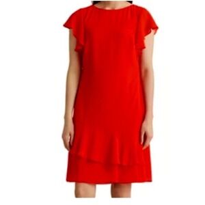 Lauren Ralph Lauren Georgette Boat Neck Red Flutter Dress Size 10